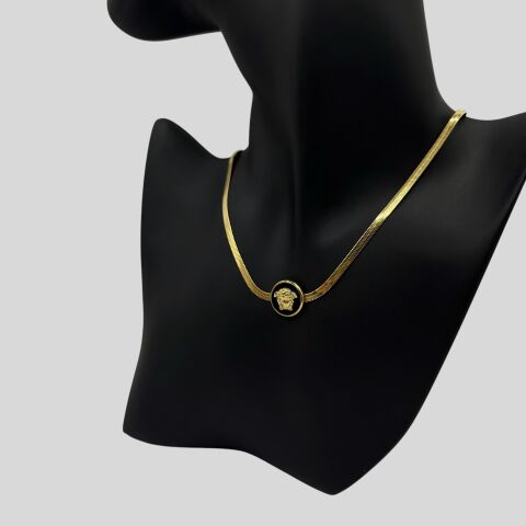 İtalyan Yassı Zincirli Noir Sculpt Siyah Yuvarlak Heykel Figürlü Gold Kolye