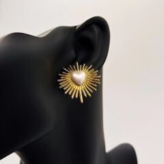 Çelik Kalp İnci Etrafı Saçak Gold Küpe
