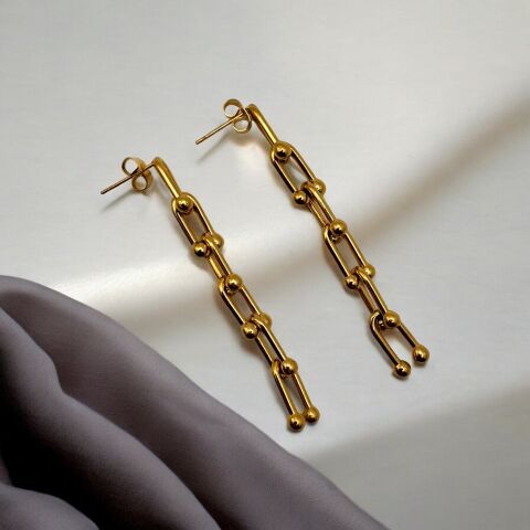Modern Zincir Gold Çelik Küpe