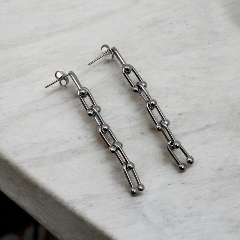 Modern Zincir Silver Çelik Küpe