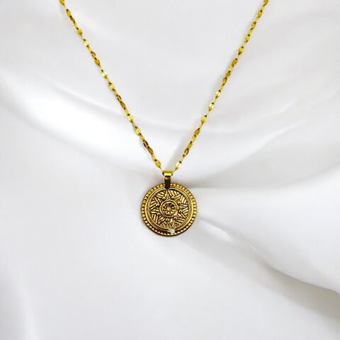 Çelik Vintage Madalyon Gold Renk Kolye