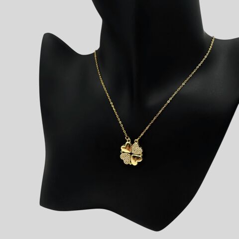 Açılabilir Yonca ve Kalpler Gold Kolye