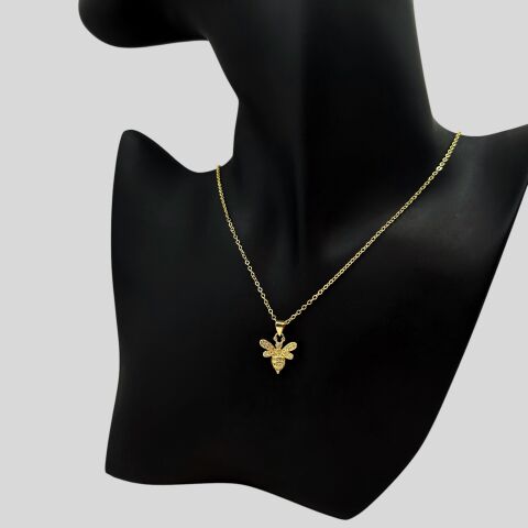 Gold Renk Arı Figürlü Zirkon Taşlı Çelik Kolye
