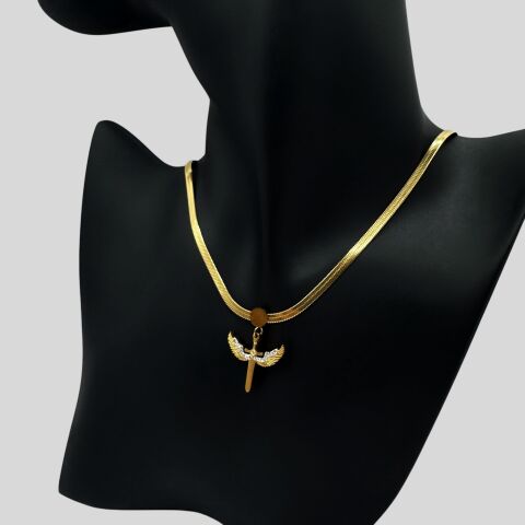 İtalyan Zincir Gold Çelik Kanatlı Kılıçlı Mitolojik  Kolye