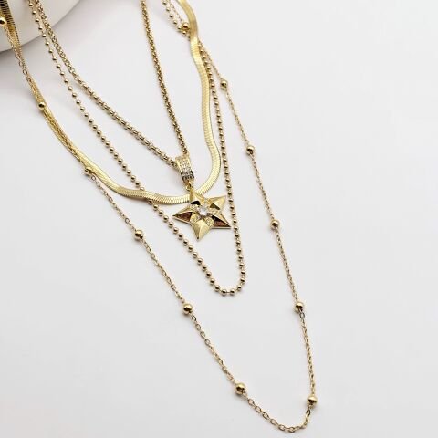 Dörtlü Kombin Gold Renk Çelik Kolye Yıldız Model