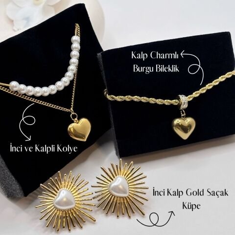 Kalp Charmlı İnci Bileklik İnci Ve Kalpli Kolye ve Kalp Temalı Takı Seti