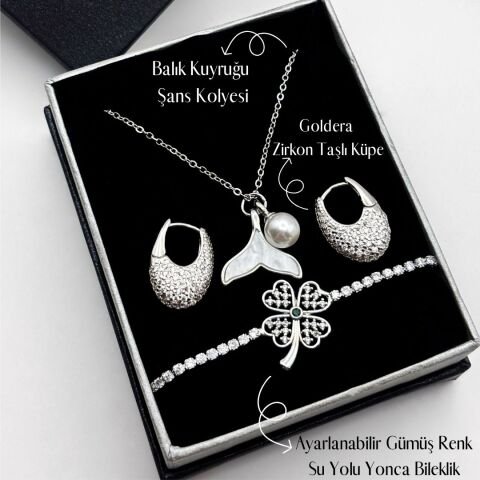 Balık Kuyruğu Kolye Su Yolu Taşlı Bileklik Zirkon Taşlı Küpe Şans Takı Seti