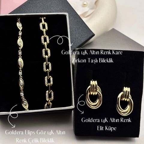 Altın Kare Gold Bilekllik Gold Burma Küpe Elips Göz Bileklik Goldera Takı Seti