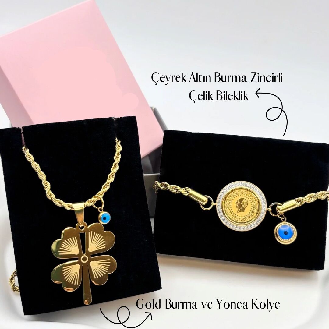 Gold Burma  Yonca Kolye Burma Zincirli Çelik Bileklik Saray Seti