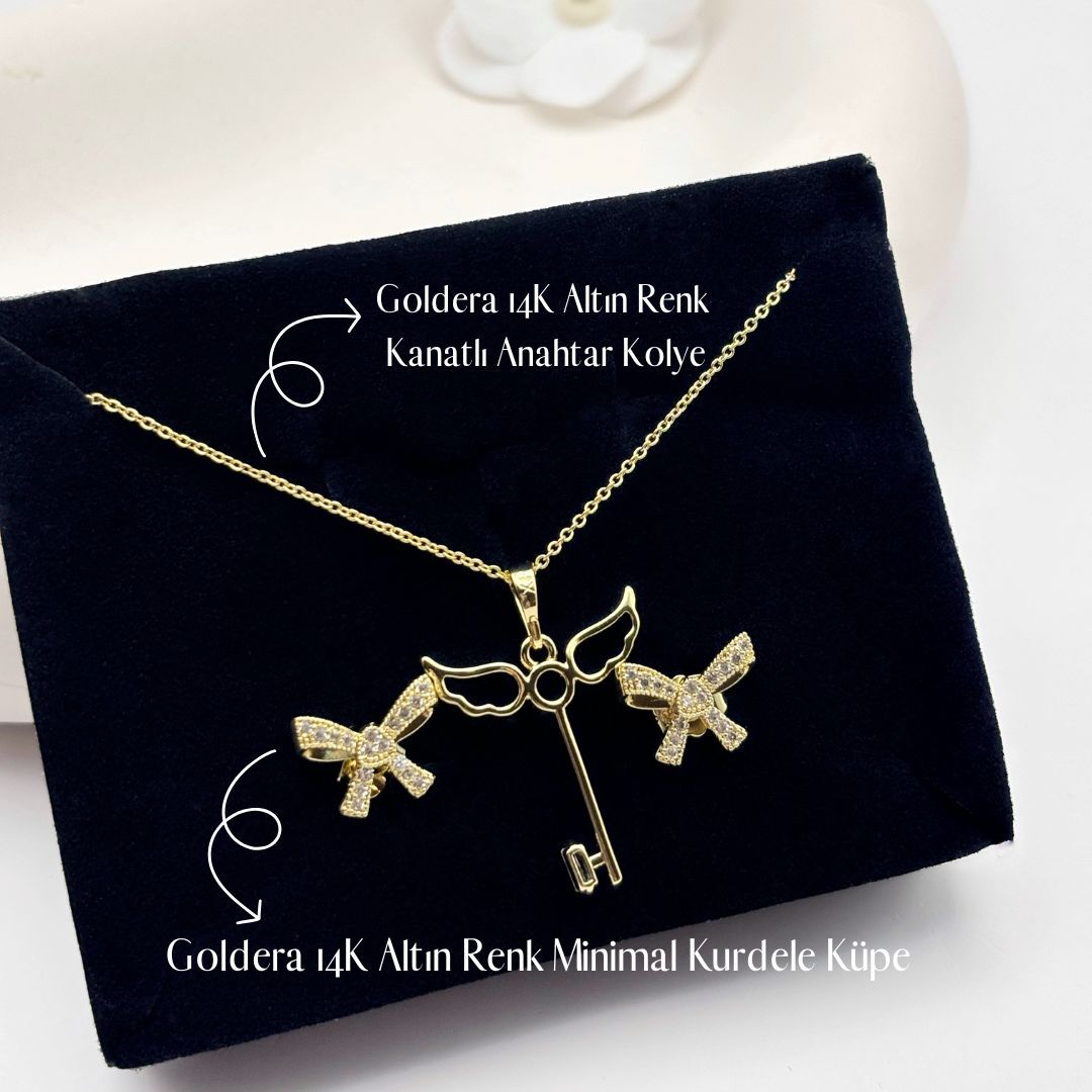Çelik Anahtar Kolye Kurdele Küpe Romantik Takı Seti