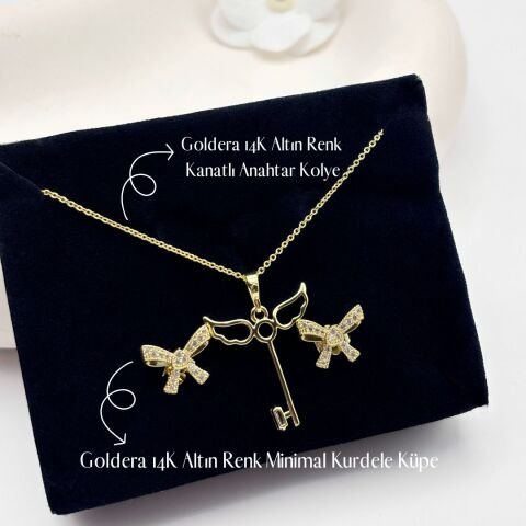 Çelik Anahtar Kolye Kurdele Küpe Romantik Takı Seti