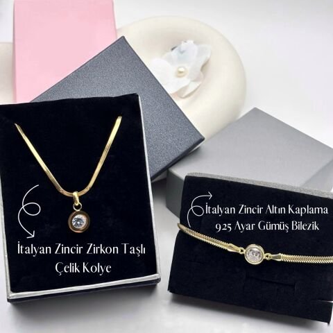 Zirkon Taşlı Kolye Taşlı Bileklik İtalyan Takı Seti