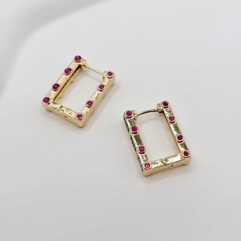 Pembe Taşlı Üçgen Kolye  Kare Pembe Taşlı Küpe Serenay Takı Seti