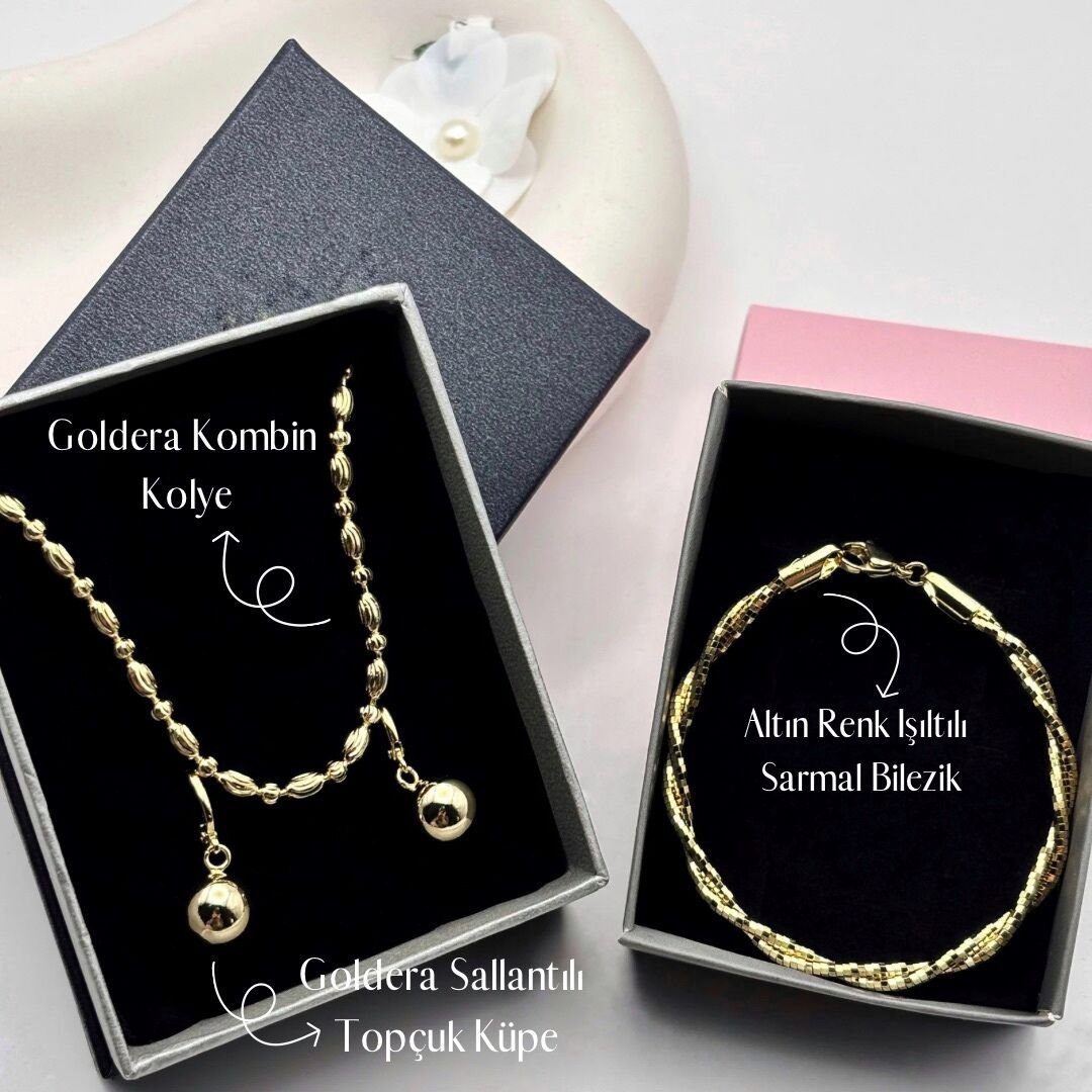 Gold Sarmal ışıltılı Bileklik  Sallantılı Topçuk Küpe Takı Kombin Seti