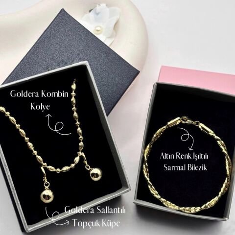 Gold Sarmal ışıltılı Bileklik  Sallantılı Topçuk Küpe Takı Kombin Seti