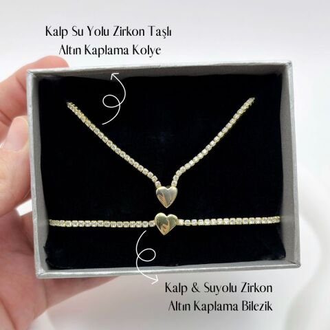 Gold Su Yolu Kalpli Bileklik Kalpli Kolye Aşk Takı Seti