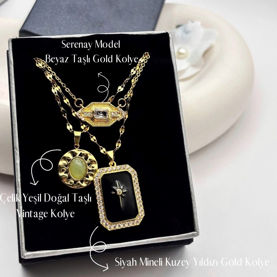Gold Serenay Model Taşlı Kolye Çelik Yeşil Doğal Taş Kolye Siyah Kuzey Yıldızı Mineli Kolye Kombin Kolye Seti