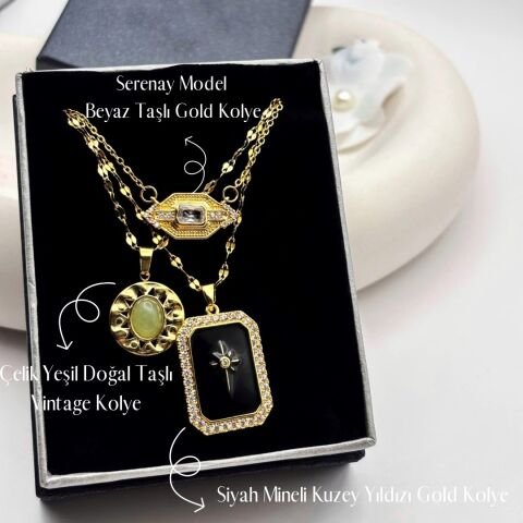 Gold Serenay Model Taşlı Kolye Çelik Yeşil Doğal Taş Kolye Siyah Kuzey Yıldızı Mineli Kolye Kombin Kolye Seti