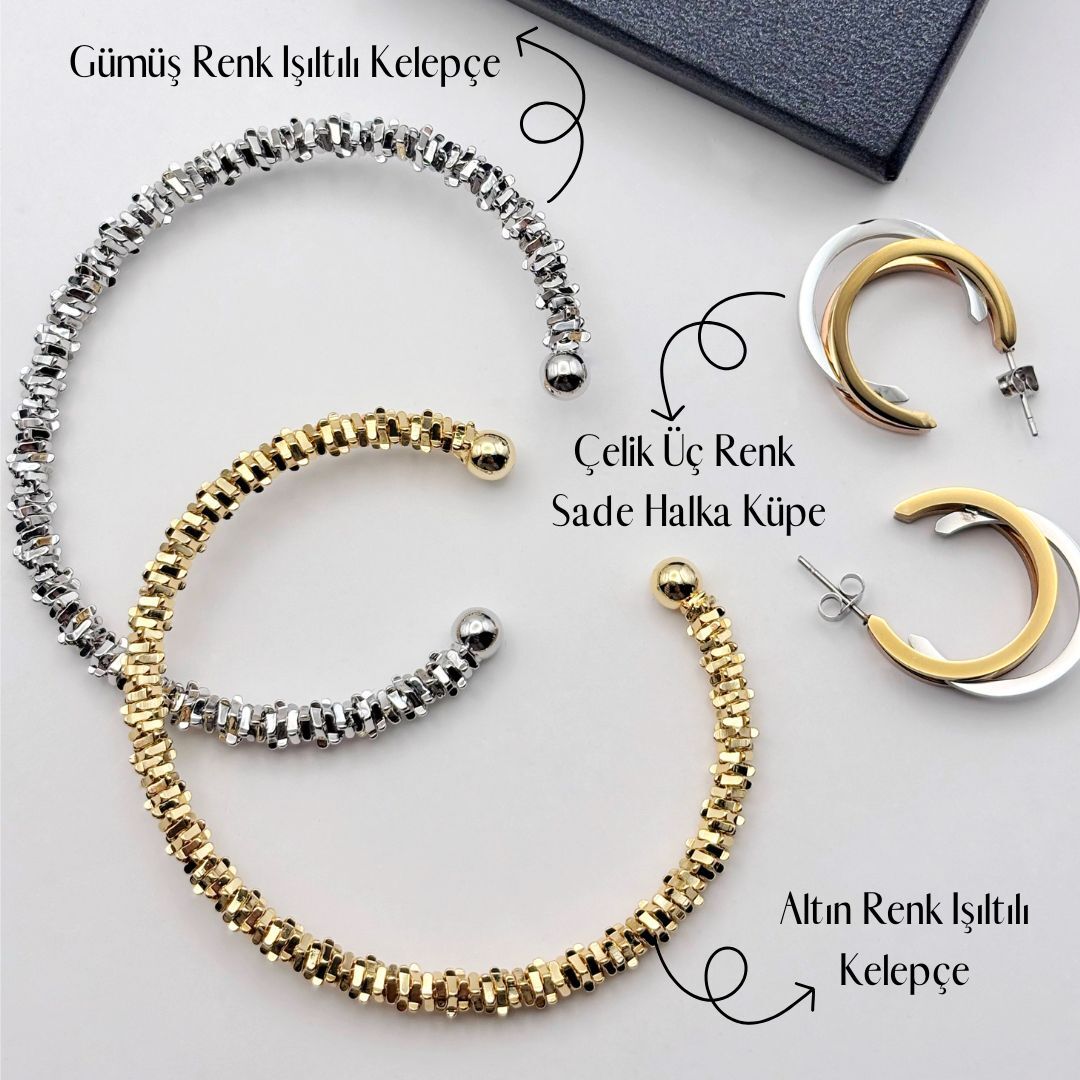 Işıltı Çelik Takı Seti İsisra Kadın Dorika Model Gold Renk