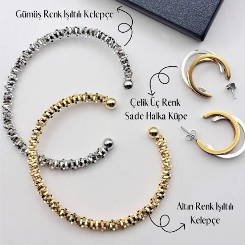 Işıltı Çelik Takı Seti İsisra Kadın Dorika Model Gold Renk