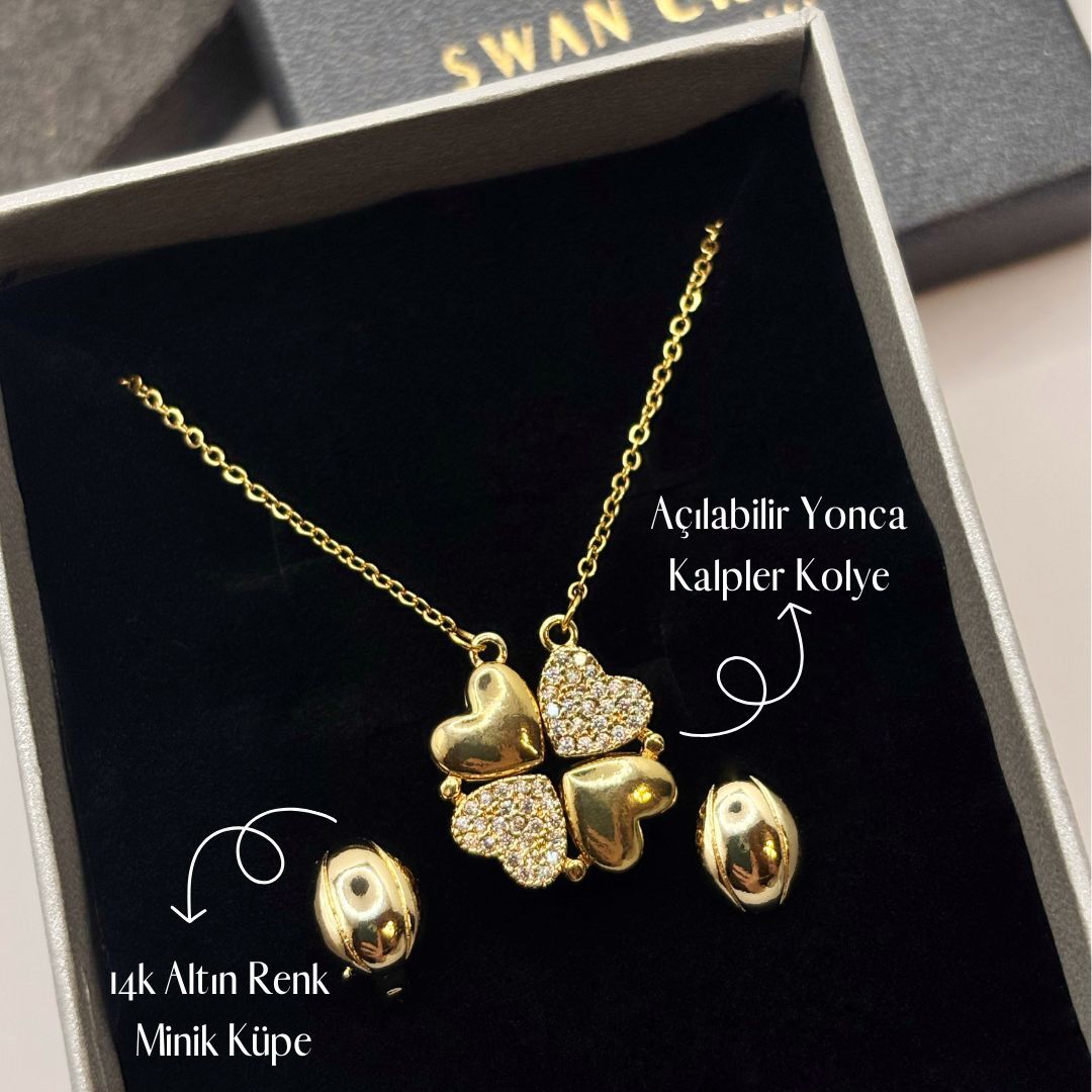 Açılabilir Gold Yonca Kolye Taşlı Küpe Yeni Şans Yeni Aşk Takı Seti