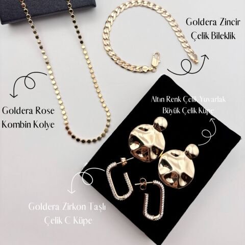 Gold Ezme Çelik Kolye İtalyan Figaro Bileklik Soyut Model Küpe Taşlı Kare Küpe
