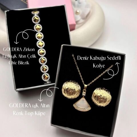 Gold Karo Bileklik Deniz Kabuğu Kolye Tırtıklı Küpe Seti